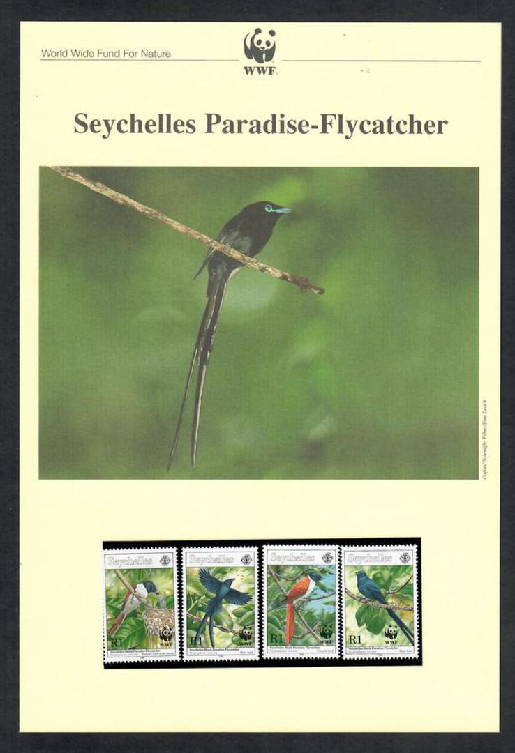 SEYCHELLES 1996 World Wildlife Fund. Paradise Flycatcher. Set of 4 in mint never hinged and on first day covers with 6 pages of image 0
