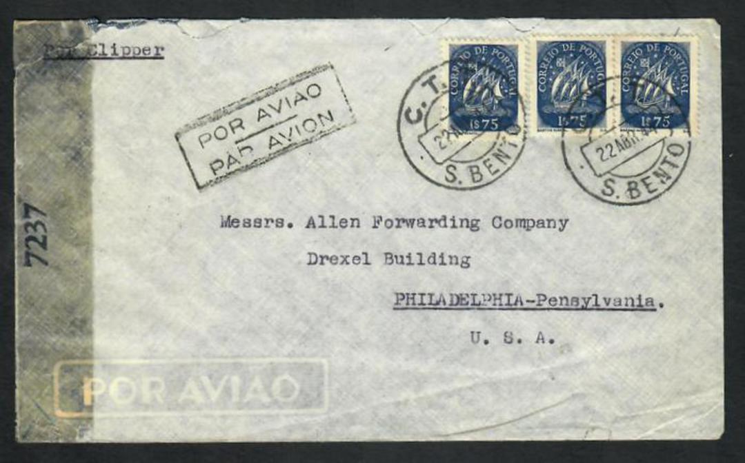 PORTUGAL 1944 Airmail Letter to New York.  Reseal Label  Examined by 7237". - 32333 - PostalHist image 0