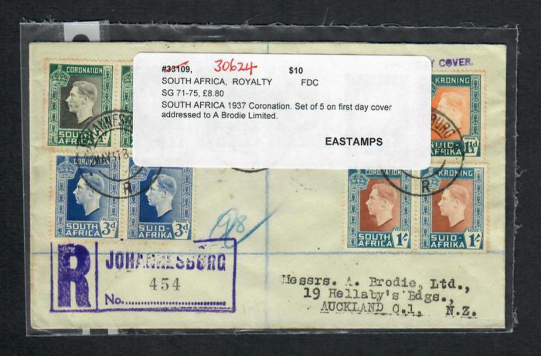 SOUTH AFRICA 1937 Coronation. Set of 5 on first day cover addressed to A Brodie Limited. - 30624 image 0