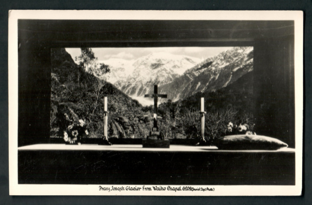 Real Photograph by A B Hurst & Son of Franz Josef Glacier from Waiho Chapel. - 48773 - Postcard image 0