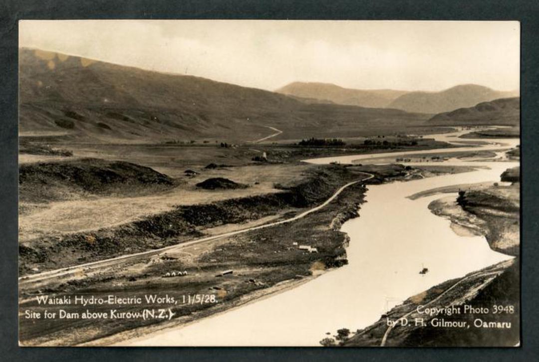 Real Photograph of Waitaki Hydro-Electric Works 11/5/1928. Site of the dam above Kurow. - 49515 - Postcard image 0
