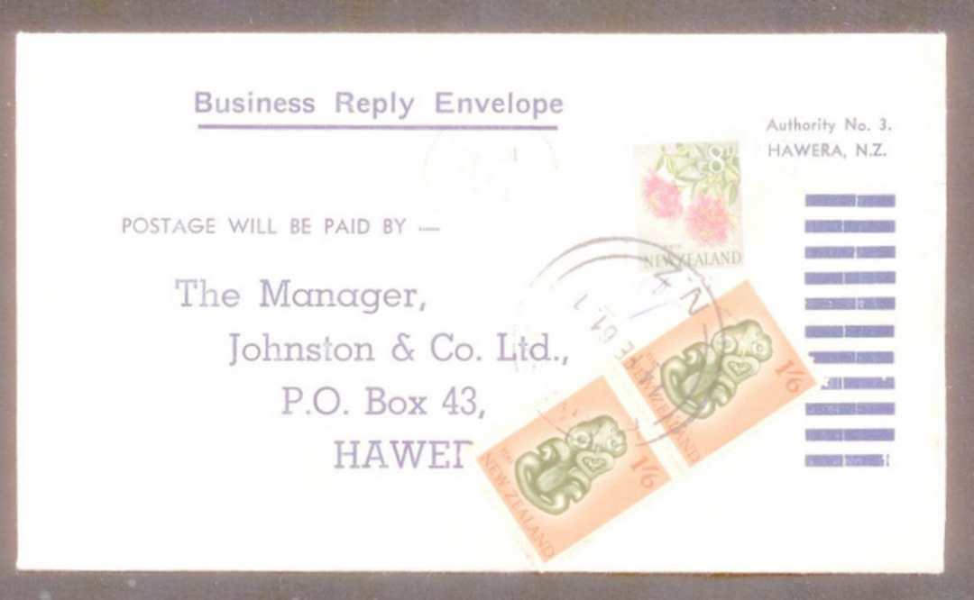 NEW ZEALAND 1961 Business Reply Envelope to Hawera firm with 3/8d  postage. - 32510 - PostalHist image 0