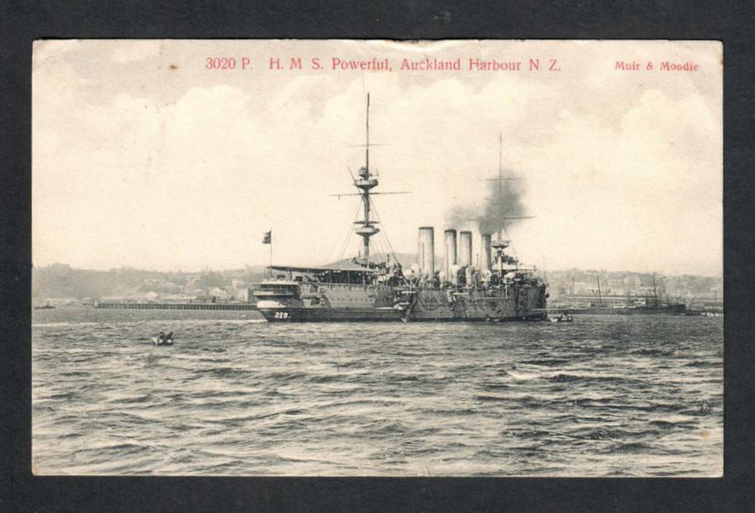Postcard of by Muir & Moodie of HMS Powerful  Auckland Harbour. NEW ZEALAND Postmark Timaru MORVEN. A Class cancel on Postcard o image 0