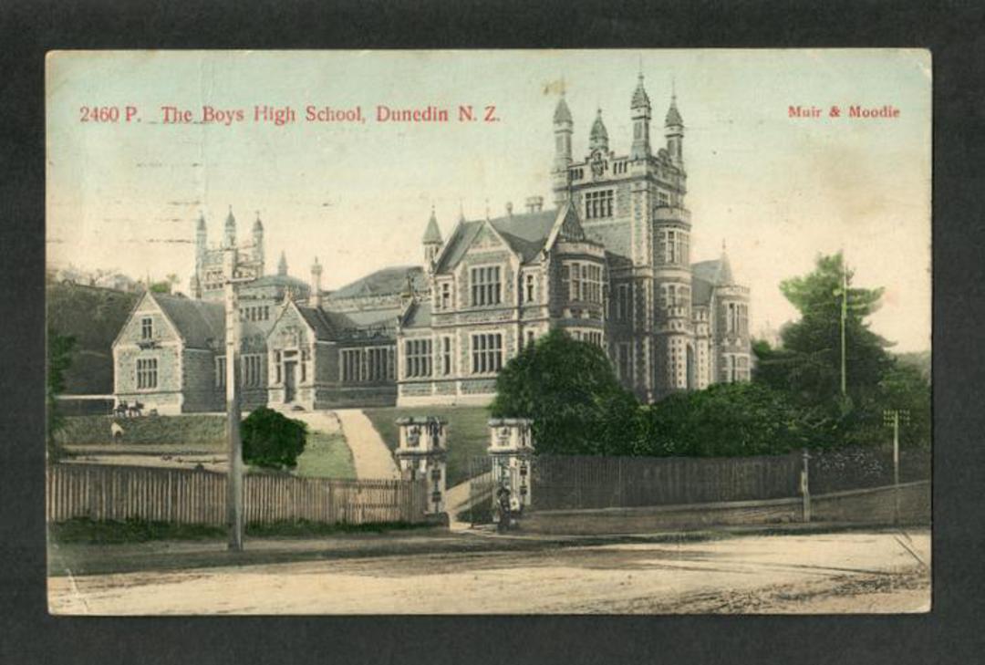 Coloured postcard by Muir and Moodie of Boys' High School Dunedin. - 49293 - Postcard image 0