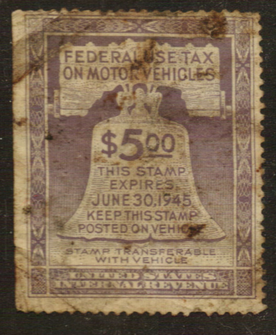 USA 1944 Federal Use Tax on Motor Vehicles $5.00 Purple. - 76124 - Fiscal image 0