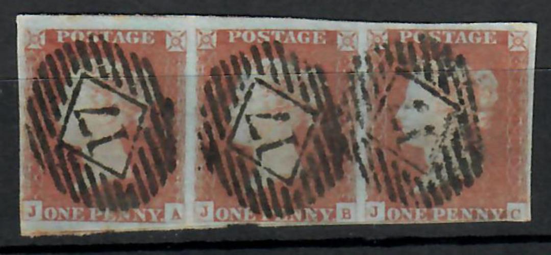 GREAT BRITAIN 1841 1d Red. Imperf. Strip of three. One stamp has four clear margins.The others slightly cut. Letters JA JB JC Th image 0