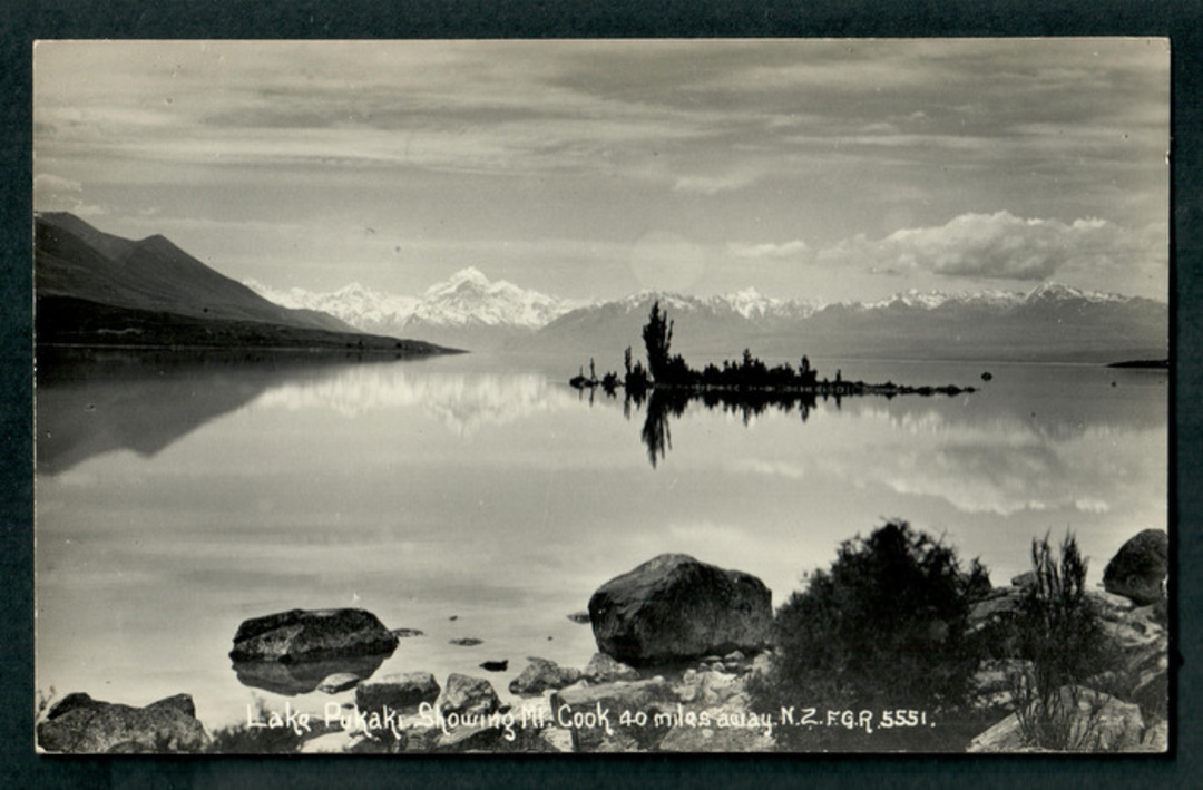 Real Photograph by Radcliffe of Lake Pukaki showing Mt Cook 40 miles away. - 48864 - Postcard image 0