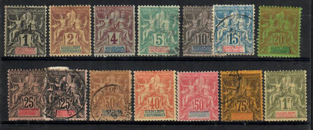 GUADELOUPE 1892 Definitives. Set of 13. Excludes 2c Brown on buff. Mixed mint and used. The top values except the 1fr are the hi image 0