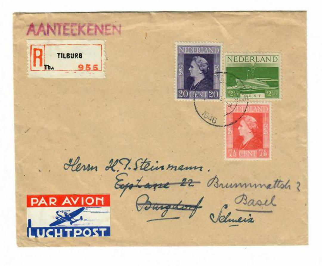 NETHERLANDS 1946 Airmail letter from Tilburg Holland to Burgdorf Switzerland then redirected to Basel. Slight folding at top. Ba image 0
