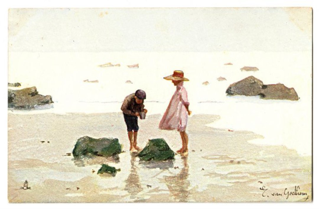 Delightful Art Card by Tuck. After the original drawing by E van Goethan. Crab Hunters. - 43788 - Postcard image 0
