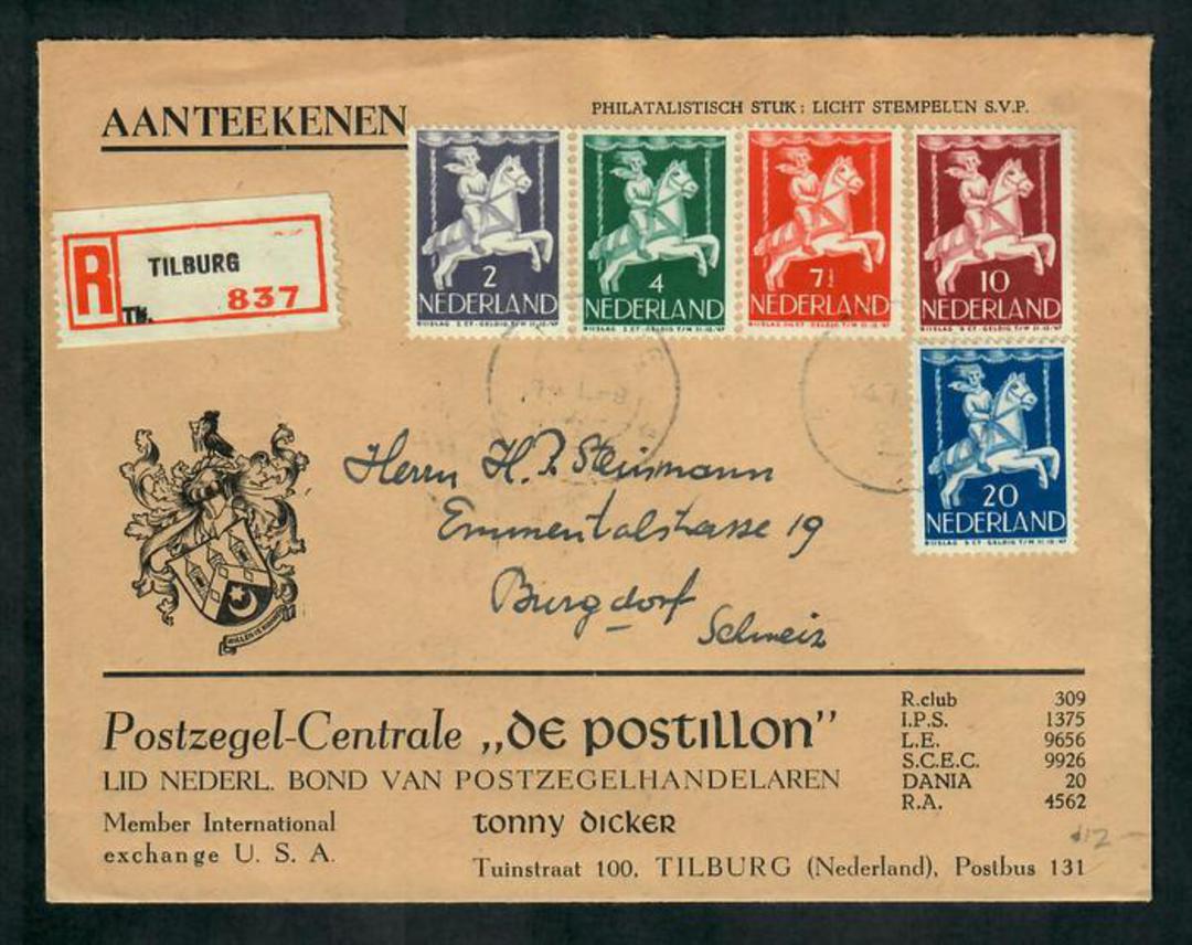NETHERLANDS 1947 Registered Cover from Tilburg to Burgdorf Switzerland with the 1946 Child welfare set complete. Backstamp 15/1/ image 0