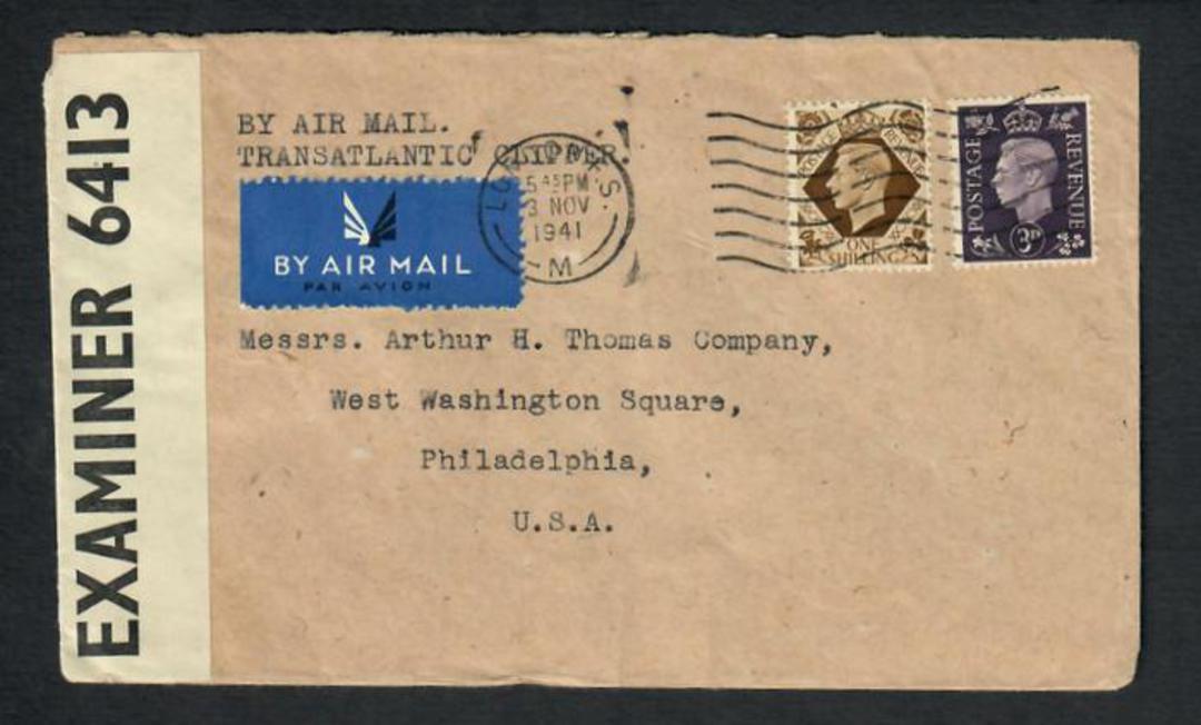 GREAT BRITAIN 1941 Censored cover to USA. By Airmail TransAtlantic Clipper. Postmark LONDON 3/11/41. Opened by Examiner 6413. - image 0