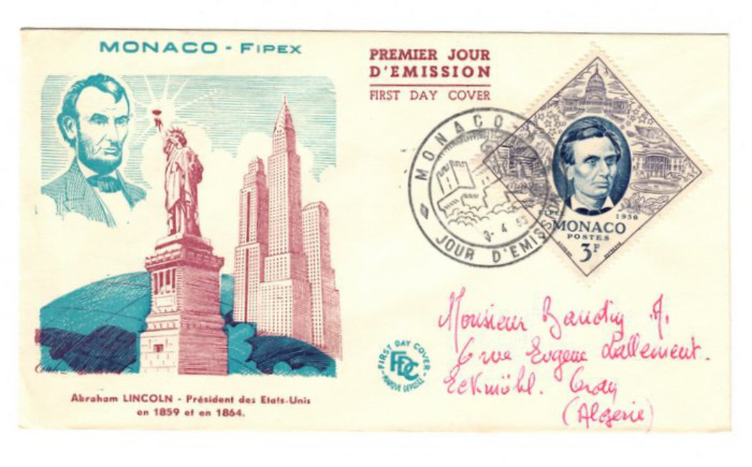 MONACO 1956 Fipex International Stamp Exhibition. Lincoln on first day cover. - 37849 - FDC image 0