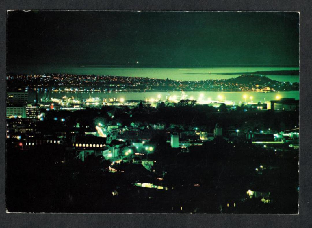 Modern Coloured Postcard by Gladys Goodall of North Head and Waitemata Harbour at night from Mt Eden. - 444407 - Postcard image 0