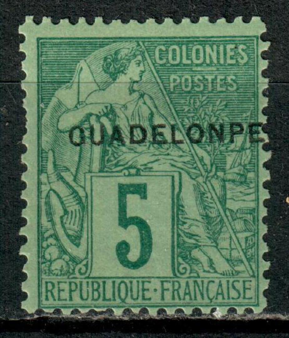 GUADELOUPE 1891 Definitive Surcharge on Type J of French Colonies (General Issues) 5c Green on pale green. Error GUADELONPE. - 7 image 0
