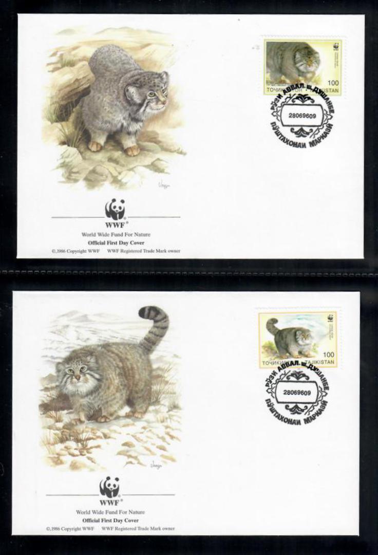 TAJIKISTAN 1996 World Wildlife Fund. Pallas's Cat. Set of 4 in mint never hinged and on first day covers with 6 pages of officia image 1