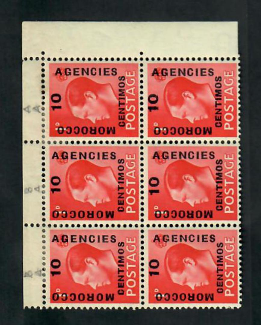 MOROCCO AGENCIES 1936 Edward 8th 10c on 1d Scarlet. Block of six. Top right of sheet with row 1/10 and 1/11 with long surcharges image 0