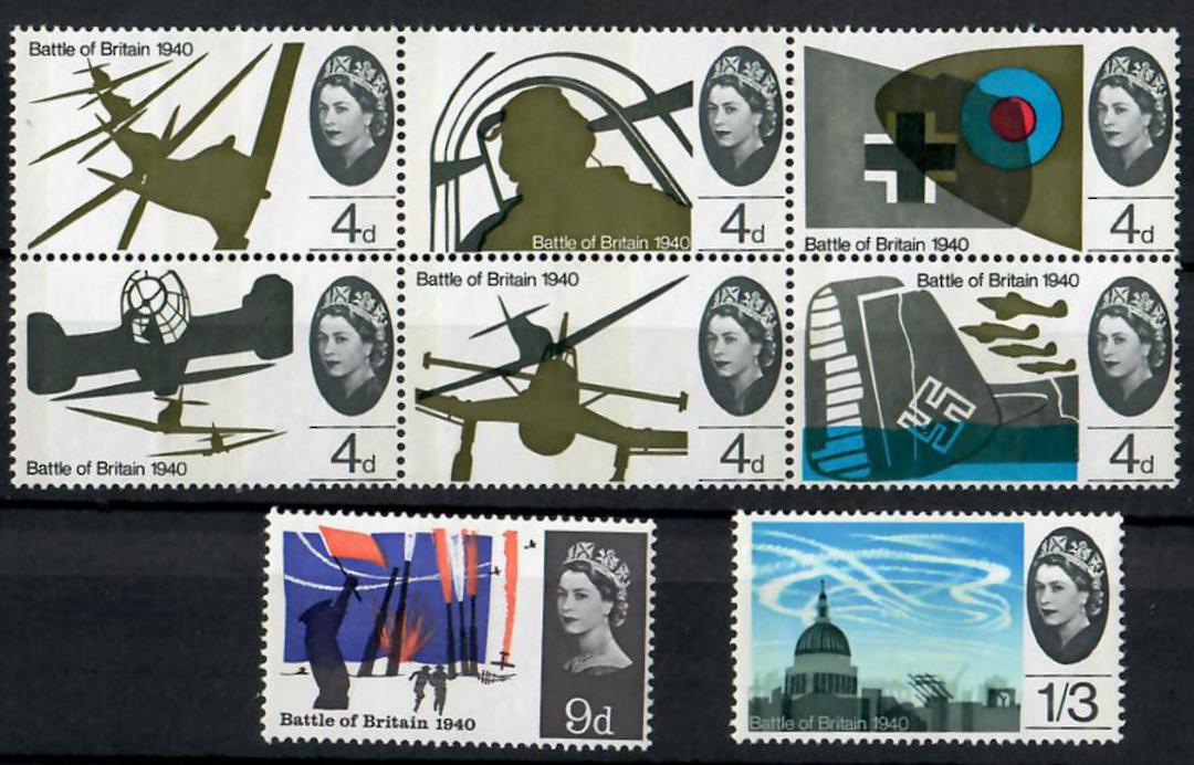 GREAT BRITAIN 1965 25th Anniversary of the Battle of Britain. Set of 8 including the block of 6 all with phosphor bands. - 24402 image 0