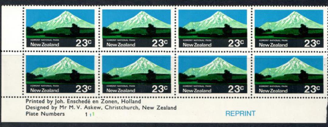 NEW ZEALAND 1970 Pictorial 23c Egmont National Park Black Blue and Emerald Green. Plate Block 111 Reprint. - 15219 - UHM image 0