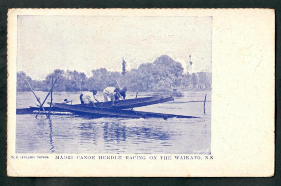 Postcard of Maori Canoe Hurdle Racing on the Waikato. - 49625 - Postcard image 0