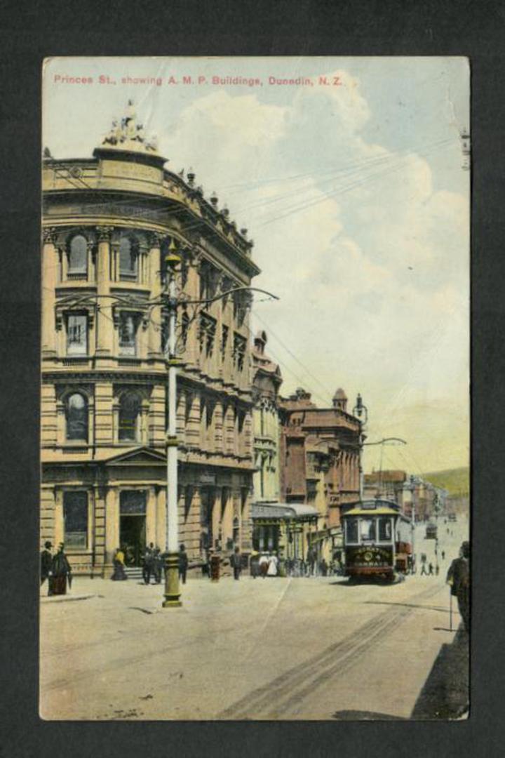 Coloured postcard of Princes Street showing AMP Buildings Dunedin. Tram prominent. - 49238 - Postcard image 0
