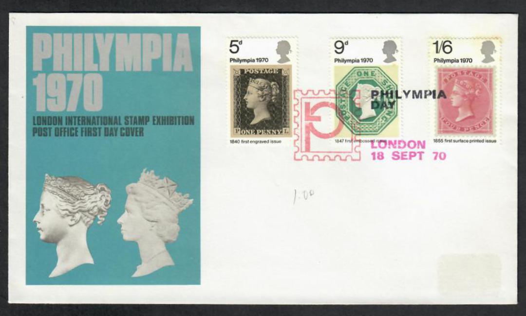 GREAT BRITAIN 1970 Philympia '70 International Stamp Exhibition. Set of 3 on first day cover. - 135203 - FDC image 0