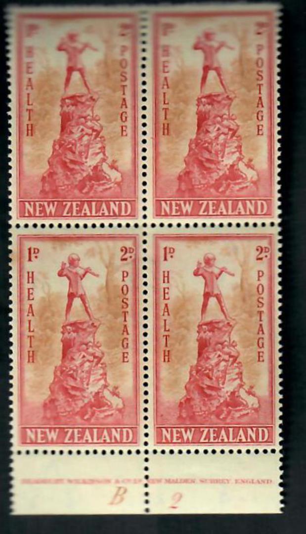 NEW ZEALAND 1945 Health 2d + 1d Carmine and Brown. The rare plate block B2 in the prescribed block of 4. Tine spot. - 20603 - UH image 0