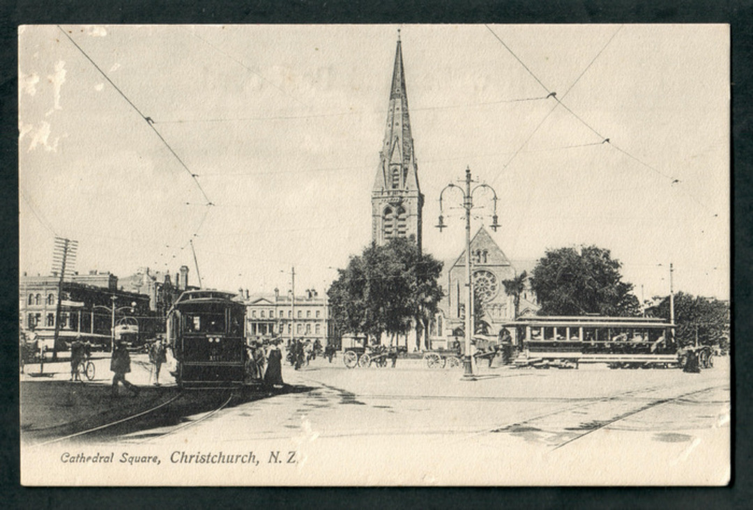 Postcard of Cathedral Square Christchurch. Tram prominent. - 48357 - Postcard image 0