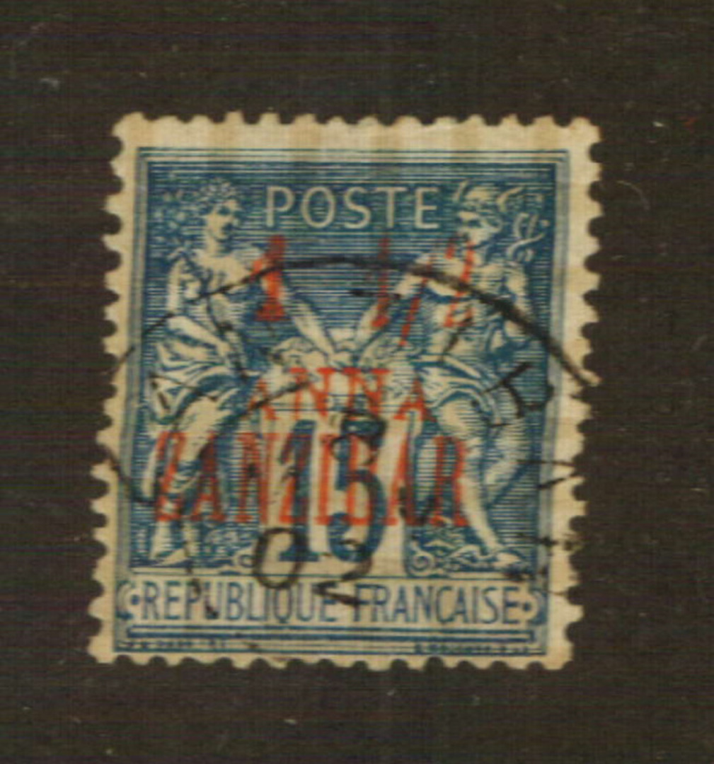 FRENCH Post Offices in ZANZIBAR 1896 Definitive 1.1/2 annas on 15 cents Blue. - 76421 - VFU image 0