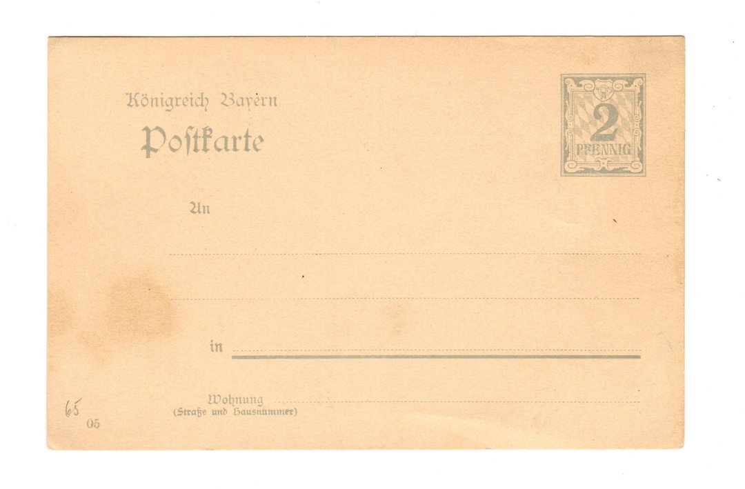 BAVARIA 1903 Postcard 2pf Grey. Unused but small stain. From the collection of H Pies-Lintz. - 30919 - PostalHist image 0