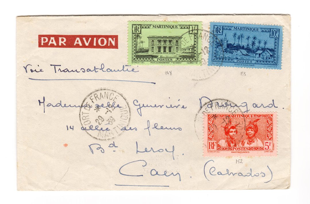 MARTINIQUE 1939 Transatlantic Airmail Letter from Fort de France to France. - 37780 - PostalHist image 0