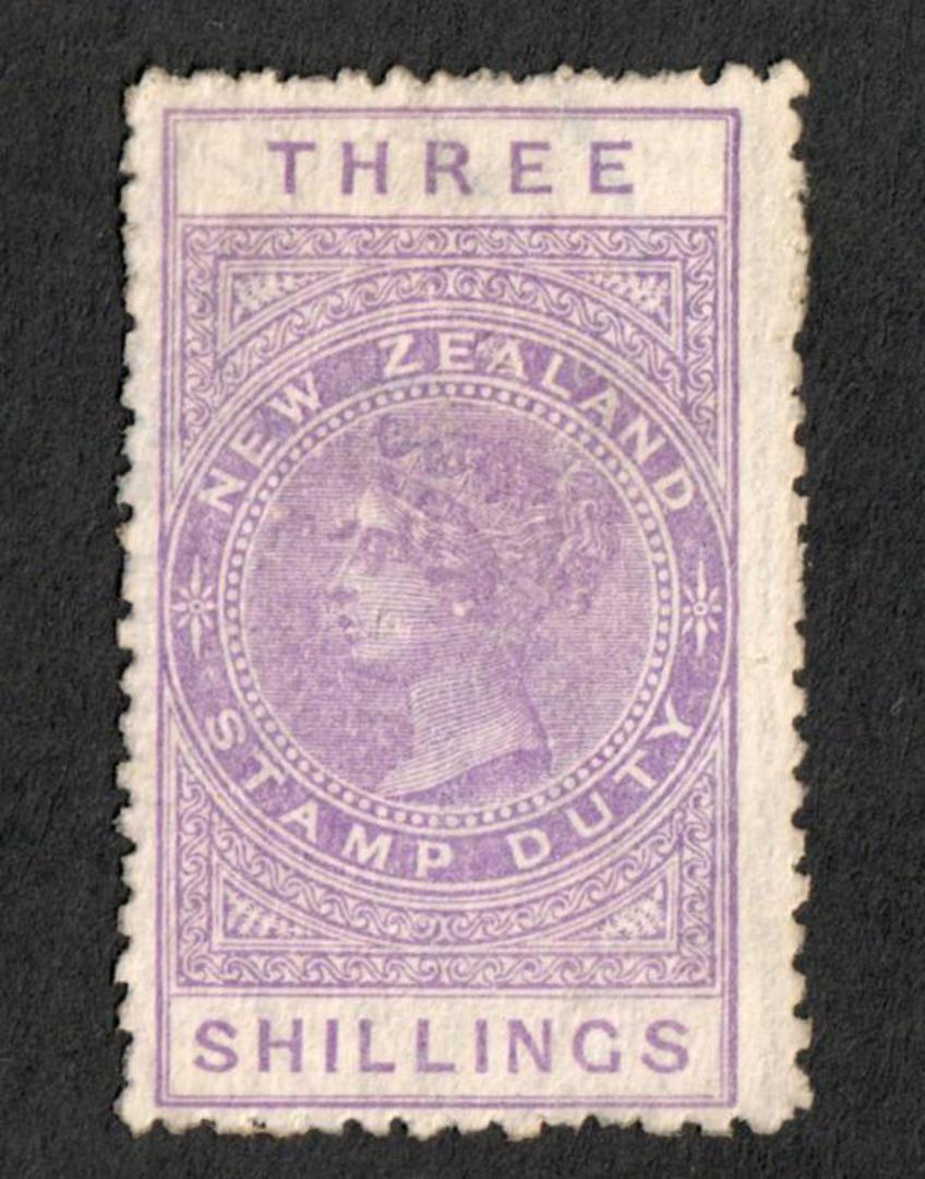 NEW ZEALAND 1882 Victoria 1st Long Type Fiscal 3/- Purple with flaw above eye. - 74024 - MNG image 0
