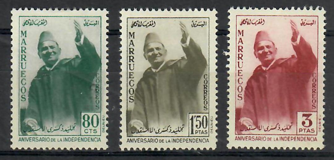 MOROCCO Southern Zone 1957 First Anniversary of Independence. Set of 3. Fine mounted mint. - 22336 - Mint image 0