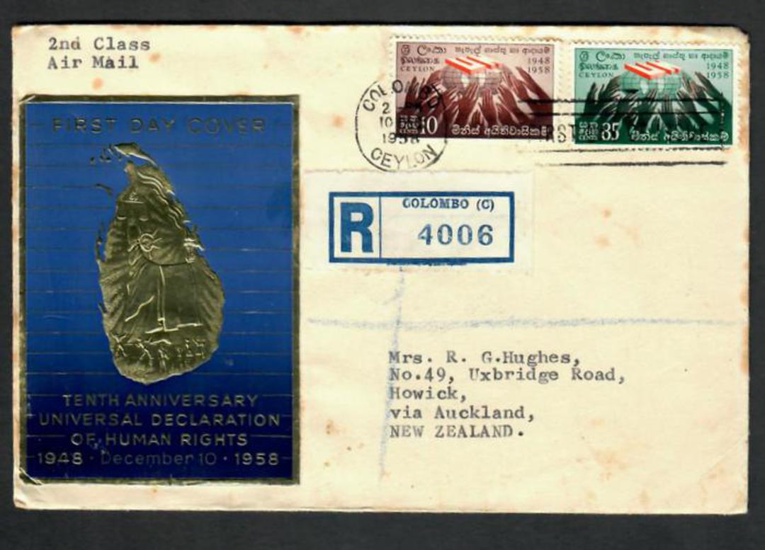 CEYLON 1958 Universal Declaration of Human Rights. Set of 2 on first day cover. Interesting illustrated cover but toning. - 3194 image 0