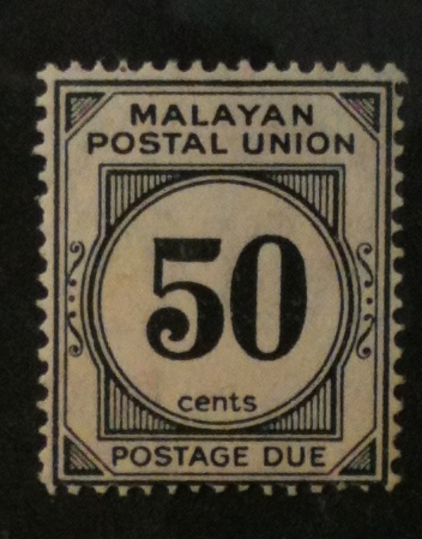 MALAYAN POSTAL UNION 1936 Postage Due 50c Black. Perf 15x14. Gum aging but not toned. Centered slightly south. - 72037 - UHM image 0
