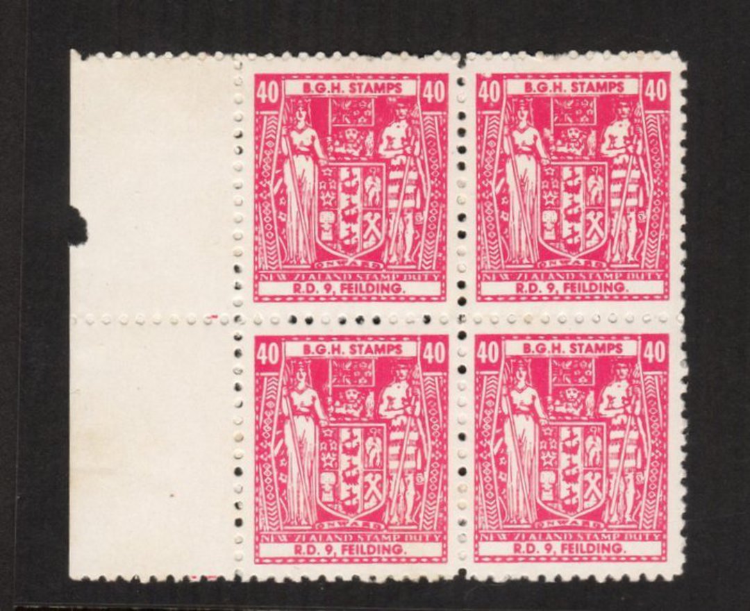 NEW ZEALAND Arms type cinderella BGH Stamps Feilding. Block of 4. - 55675 - UHM image 0