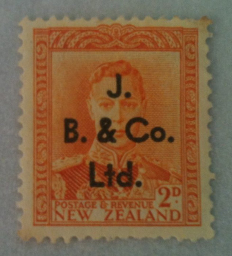 NEW ZEALAND 1938 Geo 6th Definitive 2d Orange with overprint J B & Co Ltd. Letter available as to its rarity. - 75190 - Perfin image 0