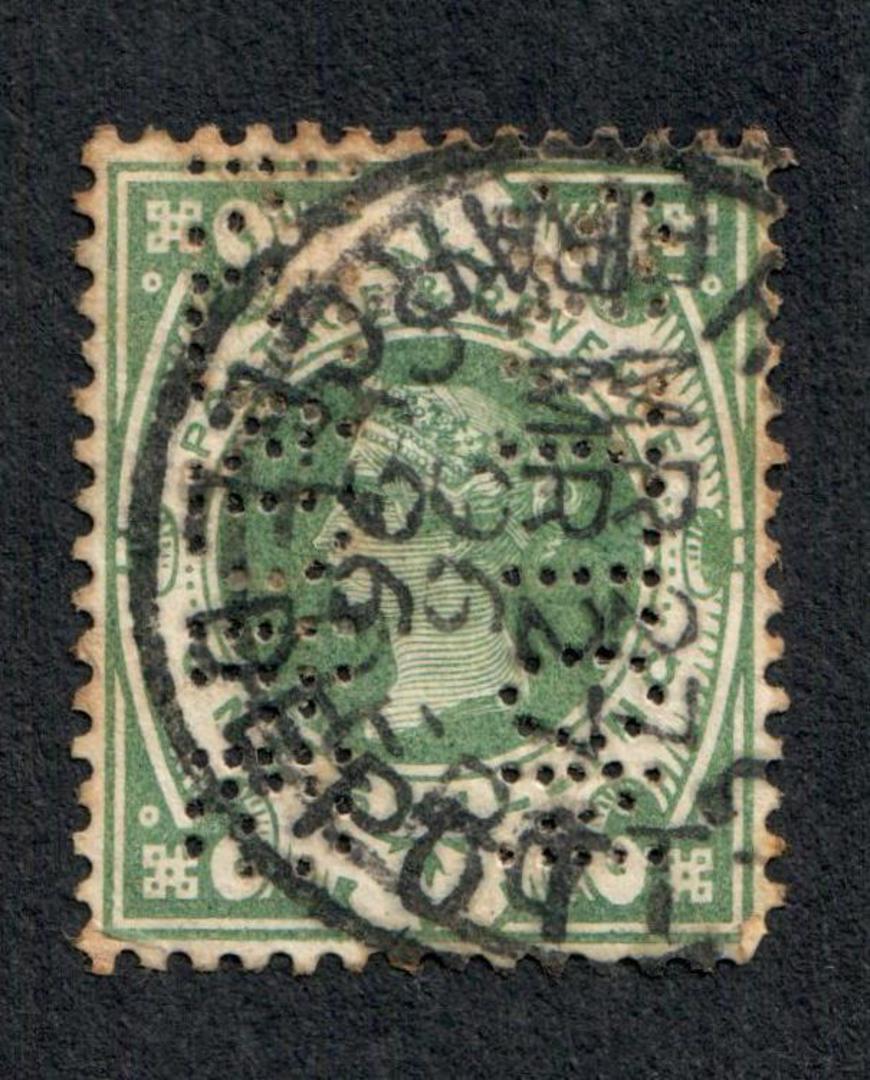 GREAT BRITAIN 1887 Victoria 1st Jubilee 1/- Green. Perfin SUTTON READING. Postmark PARCELS DEPOT. - 9008 - FU image 0