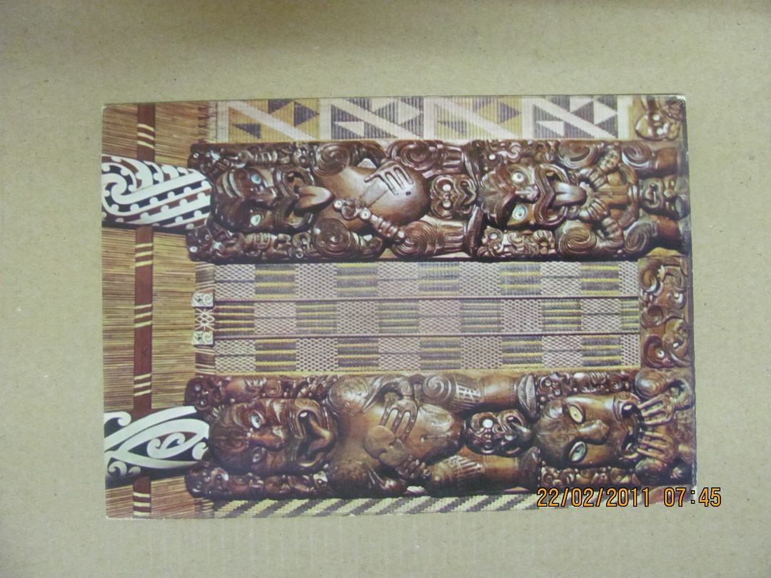 Modern Coloured Postcard by Gladys Goodall of Carved Panels Whare-Runanga Waitangi. - 444231 - Postcard image 0