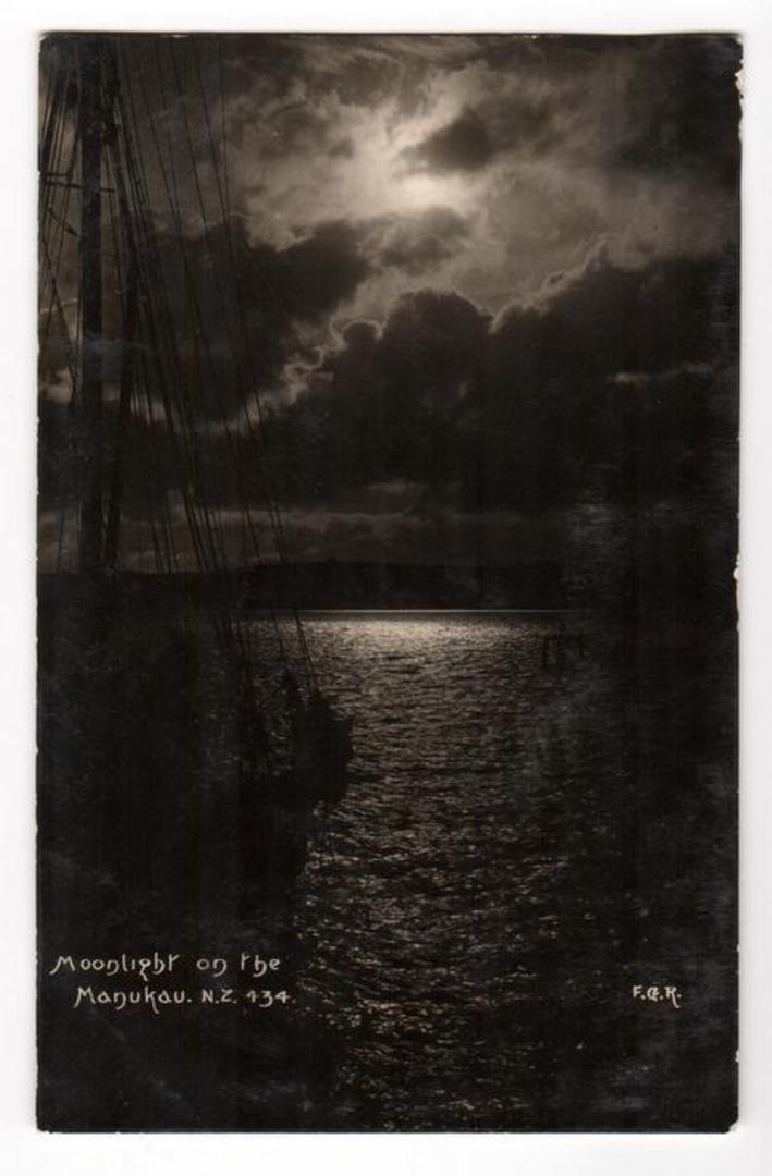 Real Photograph by Radcliffe. Moonlight on the Manukau. "Tall ship' in the foreground. - 45578 - Postcard image 0