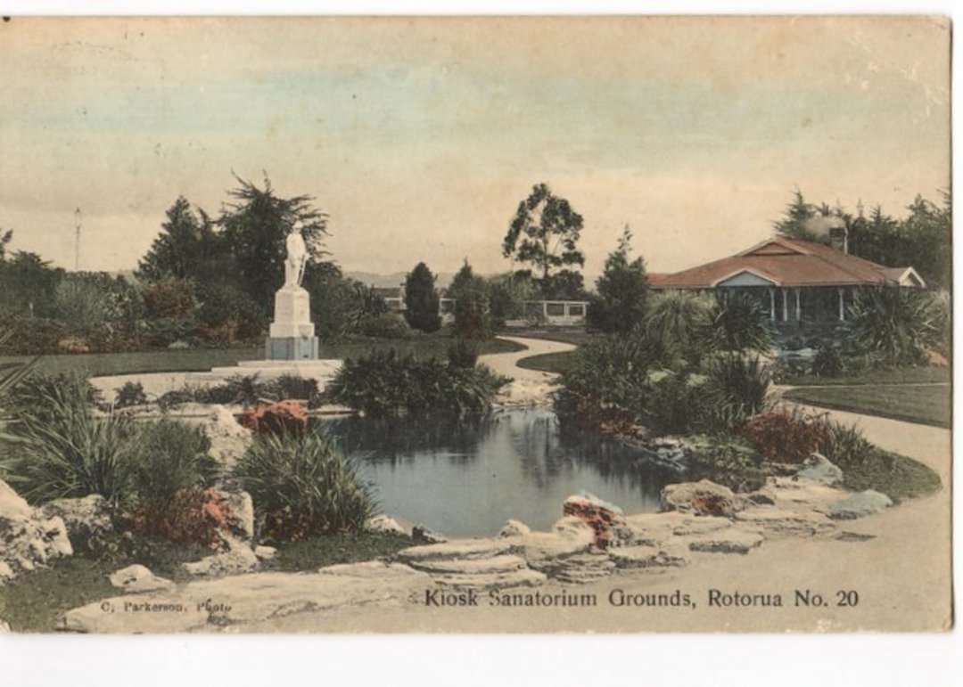 Coloured postcard of Kiosk Sanatorium Grounds Rotorua. - 245928 - Postcard image 0