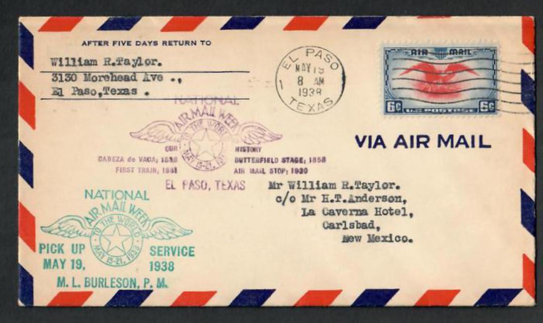 USA 1938 National Airmail Week May 15 to May 21 1938. Airmail Letter from El Paso Texas to Carlsbad New Mexico with two cachets. image 0