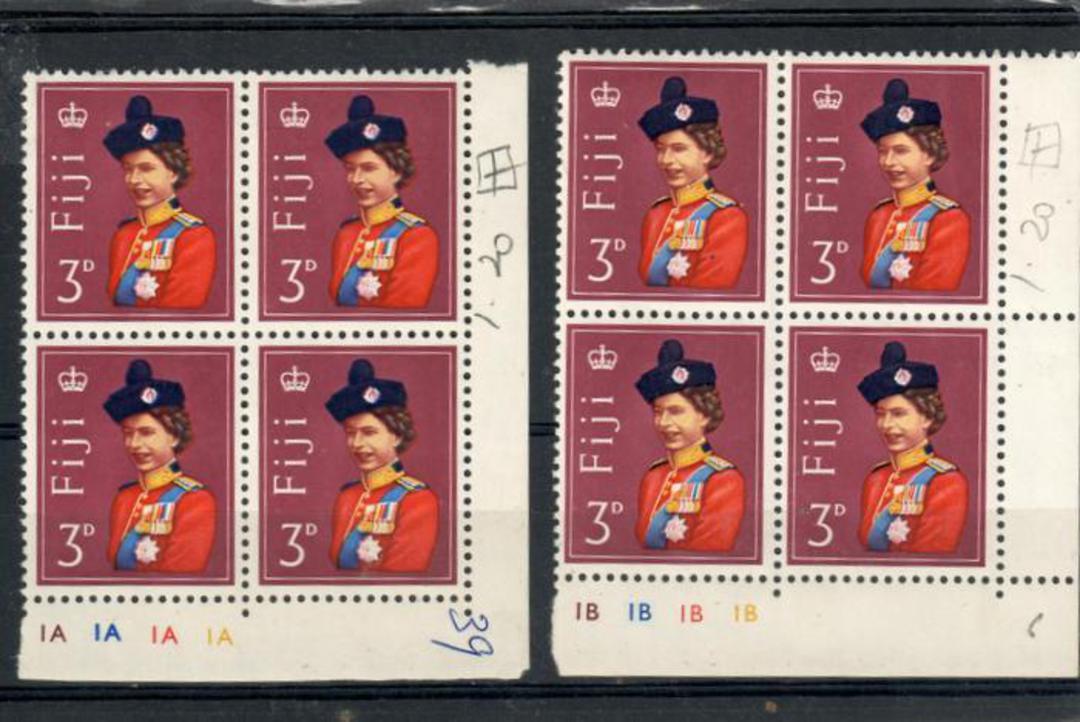 FIJI 1962 Elizabeth 2nd Definitive 3d Multicoloured. Plate 1A 1A 1A 1A and 1B 1B 1B 1B in blocks of 4. - 20449 - UHM image 0