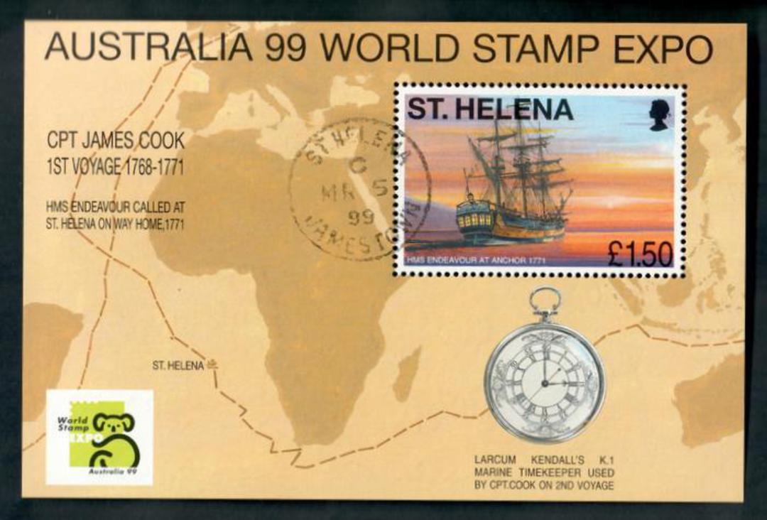 ST HELENA 1999 Australia '99 International Stamp Exhibition. Miniature sheet. HMS Endeavour 1771. Capt James Cook. - 50195 - VFU image 0