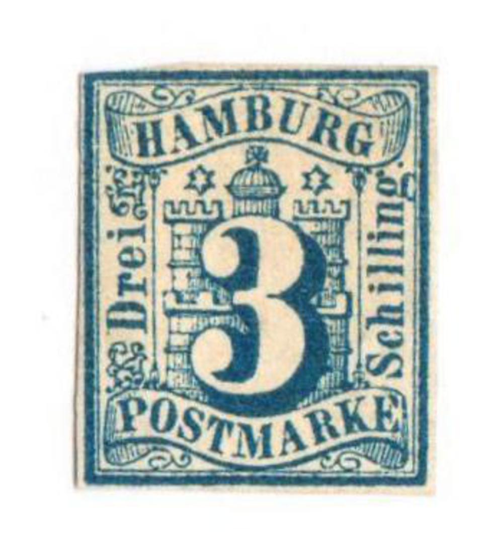 HAMBURG 1859 Definitive 3s Prussian Blue. No gum. Three good margins and most of the fourth. From the collection of H Pies-Lintz image 0