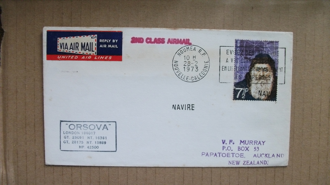 GREAT BRITAIN 1972 British Polar Explorers 7½p Hudson with missing Queen's Head. On cover posted aboard "Orsova" at New Caledoni image 0