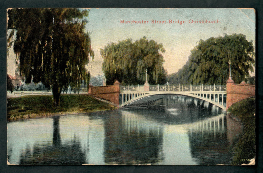 Coloured postcard of Manchester Street Bridge Christchurch. - 48452 - Postcard image 0
