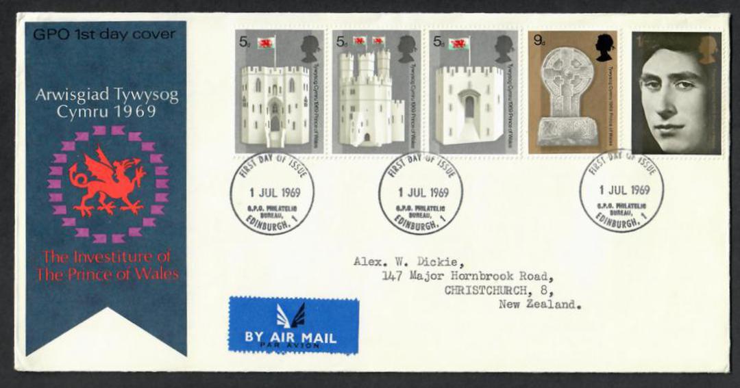 GREAT BRITAIN 1969 Prince of Wales. Set of 5 on first day cover. - 130317 - FDC image 0