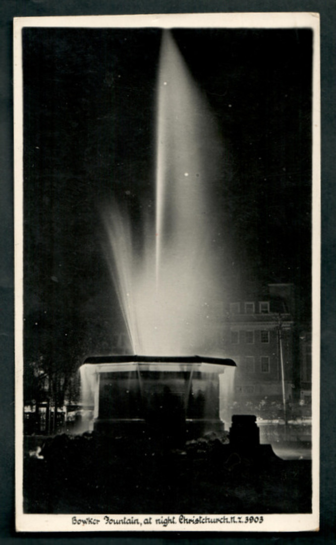 Real Photograph by A B Hurst & Son of Bowker Fountain at night Christchurch. - 48402 - Postcard image 0