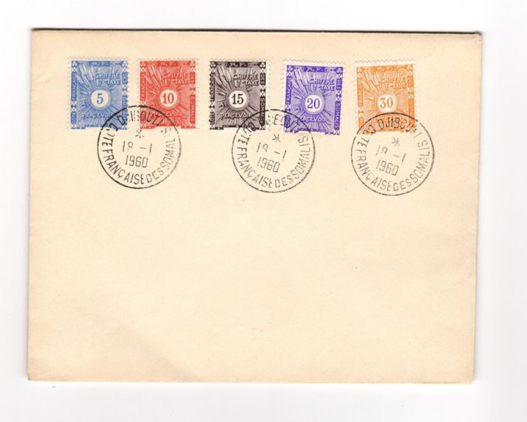 FRENCH SOMALI COAST 1915 Postage Due. The five low values on unaddressed cover postmarked 19/1/1960. Pencil note on the reverse image 0